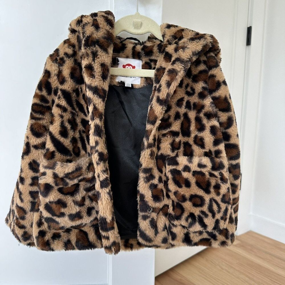 Appaman Girls Cleo Tan  Black Leopard Faux Fur Hooded Teddy Coat‎ Jacket Size 4 - Picture 10 of 14